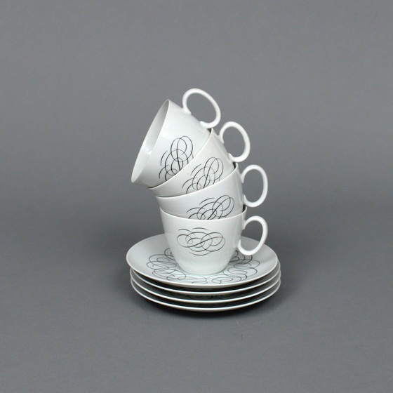 Image 1 of Raymond Loewy (1883-1986) Set Of 4 Tea Cups And Saucers, Rosenthal Continental China, Script Decor