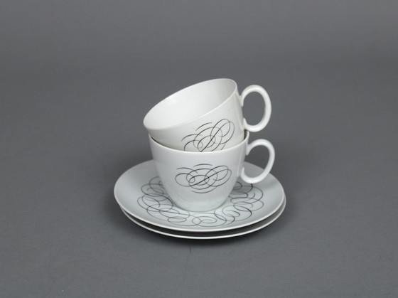 Image 1 of Raymond Loewy (1883-1986) Set Of 4 Tea Cups And Saucers, Rosenthal Continental China, Script Decor