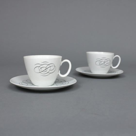 Image 1 of Raymond Loewy (1883-1986) Set Of 4 Tea Cups And Saucers, Rosenthal Continental China, Script Decor