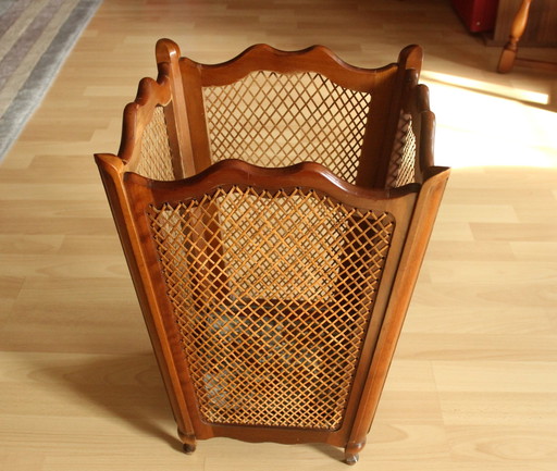 1940/50S Umbrella Stand Walnut Wood With Rush Weave And Metal Insert, Chippendale Style, Vintage