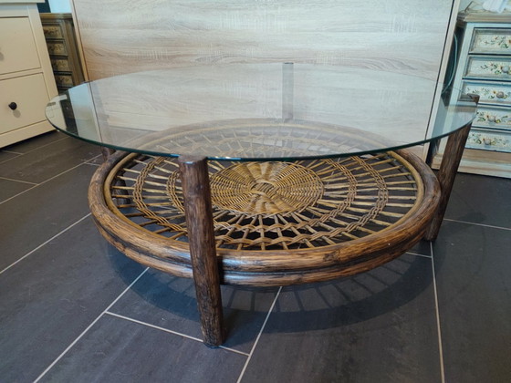 Image 1 of Small Wicker And Glass Coffee Table