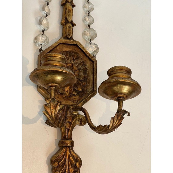 Image 1 of Pair of vintage gilded carved wood sconces with crystal garlands, France 1940
