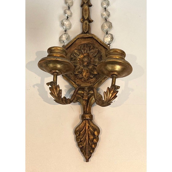 Image 1 of Pair of vintage gilded carved wood sconces with crystal garlands, France 1940