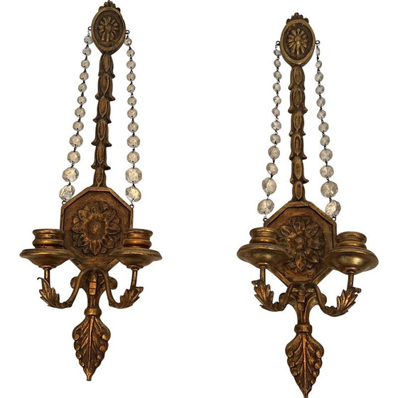 Image 1 of Pair of vintage gilded carved wood sconces with crystal garlands, France 1940