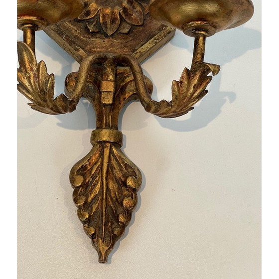 Image 1 of Pair of vintage gilded carved wood sconces with crystal garlands, France 1940
