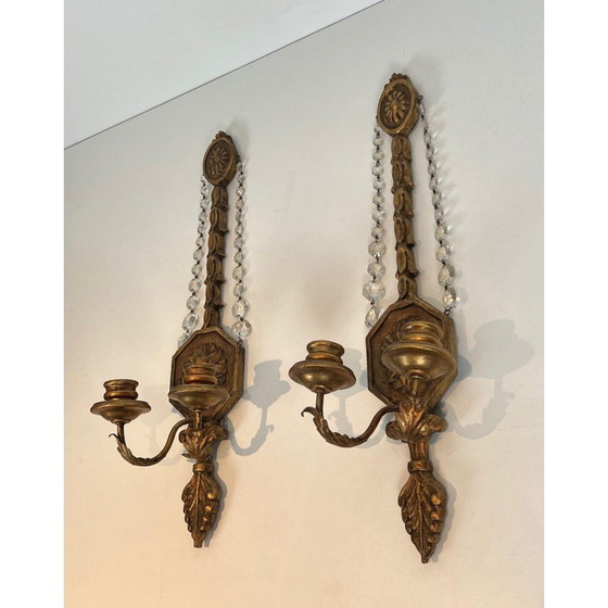 Image 1 of Pair of vintage gilded carved wood sconces with crystal garlands, France 1940
