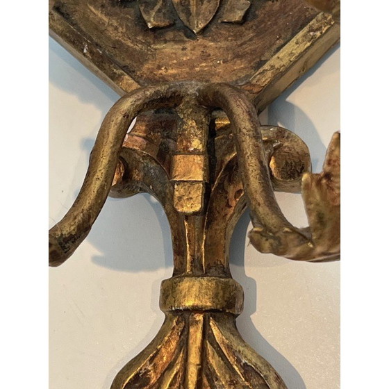 Image 1 of Pair of vintage gilded carved wood sconces with crystal garlands, France 1940