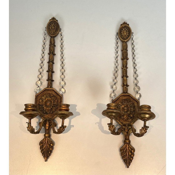 Image 1 of Pair of vintage gilded carved wood sconces with crystal garlands, France 1940