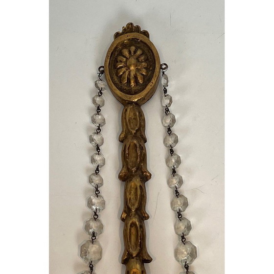 Image 1 of Pair of vintage gilded carved wood sconces with crystal garlands, France 1940