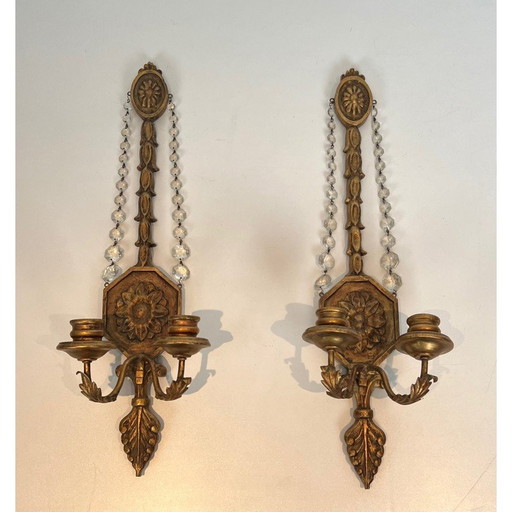 Pair of vintage gilded carved wood sconces with crystal garlands, France 1940