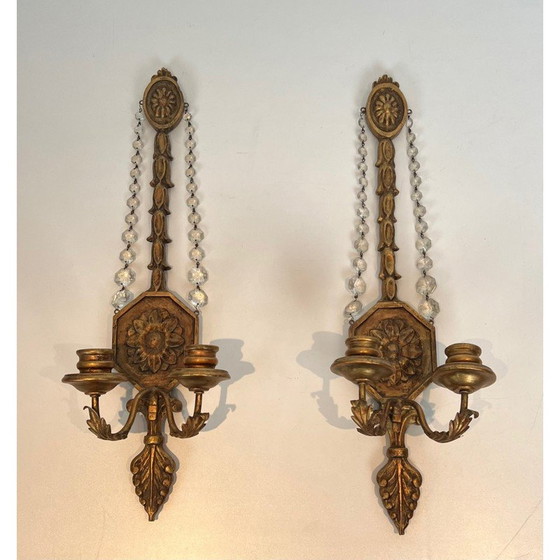 Image 1 of Pair of vintage gilded carved wood sconces with crystal garlands, France 1940