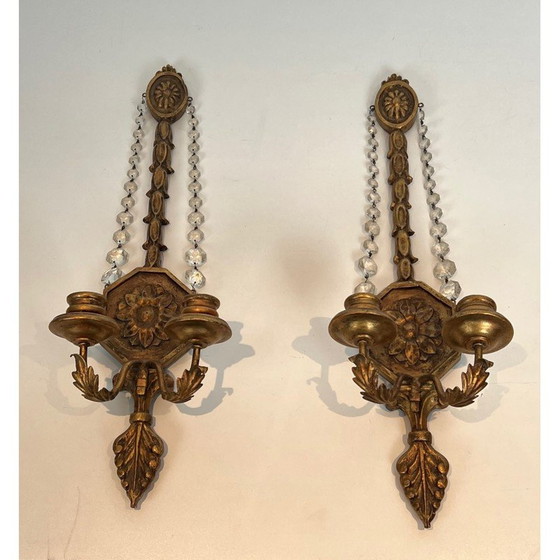 Image 1 of Pair of vintage gilded carved wood sconces with crystal garlands, France 1940