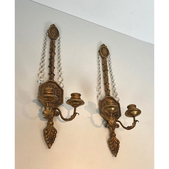 Image 1 of Pair of vintage gilded carved wood sconces with crystal garlands, France 1940