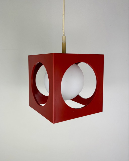 Space Age Ceiling Lamp, Richard Essig, Red Minimalistic Cube Design, 1970S, Retro-Futuristic Lamp, Germany, Sputnik Design