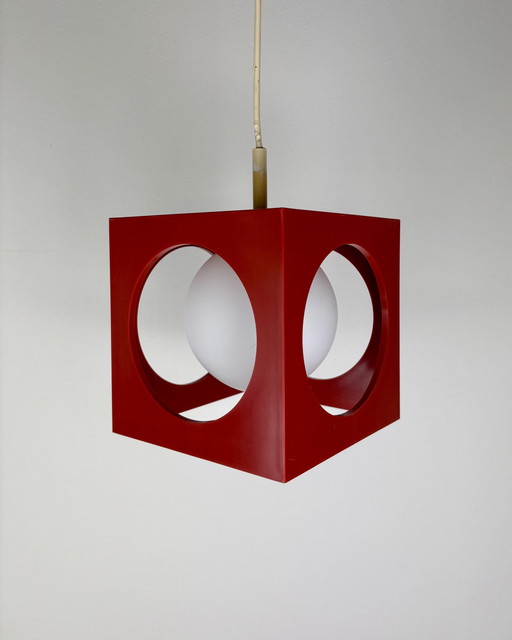 Space Age Ceiling Lamp, Richard Essig, Red Minimalistic Cube Design, 1970S, Retro-Futuristic Lamp, Germany, Sputnik Design