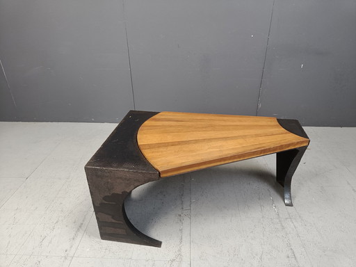 Brutalist Steel And Wood Coffee Table, 1970S 