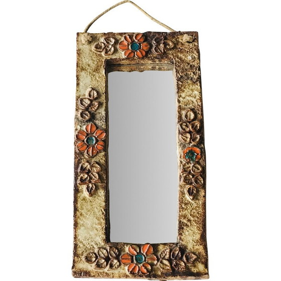 Image 1 of Vintage enameled ceramic mirror with flower decoration for La Roue à Vallauris