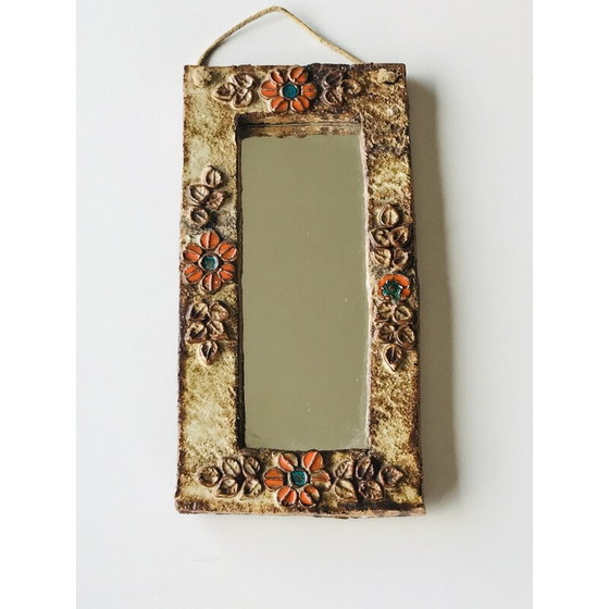 Image 1 of Vintage enameled ceramic mirror with flower decoration for La Roue à Vallauris