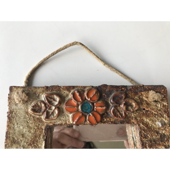 Image 1 of Vintage enameled ceramic mirror with flower decoration for La Roue à Vallauris