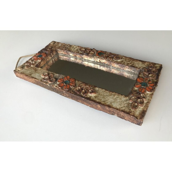 Image 1 of Vintage enameled ceramic mirror with flower decoration for La Roue à Vallauris