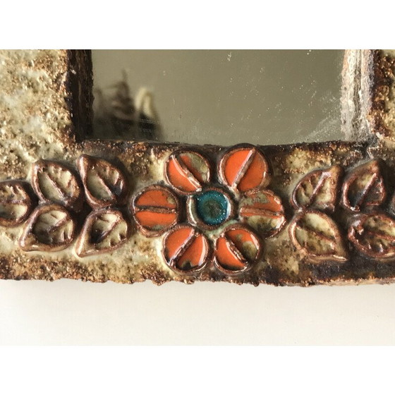 Image 1 of Vintage enameled ceramic mirror with flower decoration for La Roue à Vallauris