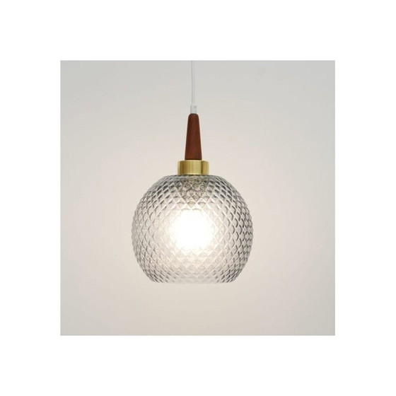 Image 1 of Vintage pendant lamp in gray crystal glass and teak wood, Denmark 1960