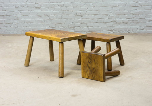 Charlotte Perriand Style Brutalist Rectangle Solid Oak Nesting Tables / Stools, Set of 3, 1960s.