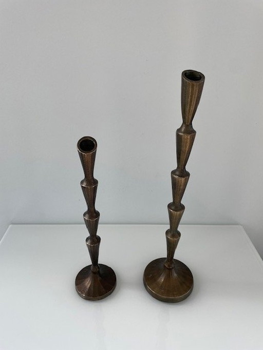 2 Minimalist Metal Candlesticks In Antique Bronze Color
