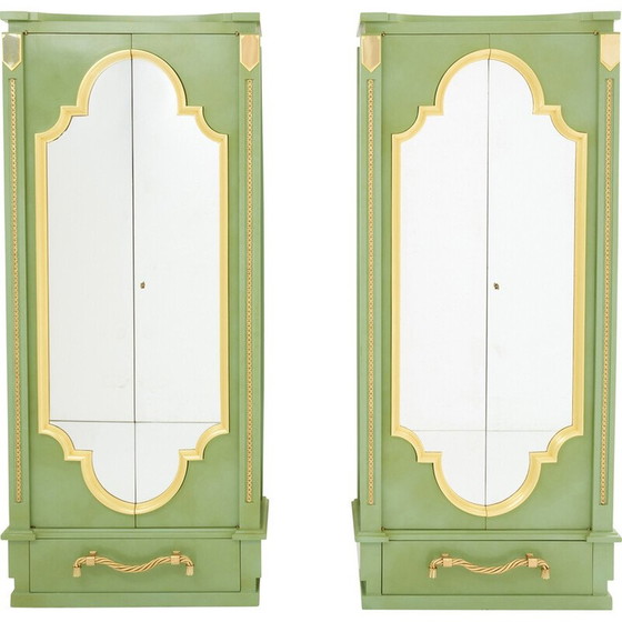 Image 1 of Pair of vintage cabinets in solid oak wood decorated with celadon green lacquer by André Arbus, 1930