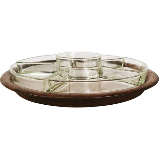 Juego de mesa vintage de teca y cristal para aperitivos, Dinamarca, década de 1960