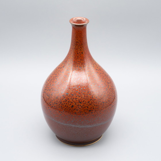 Image 1 of Red Mid Century Modern Studio Ceramic Bottle Vase signed H 24 cm WGP