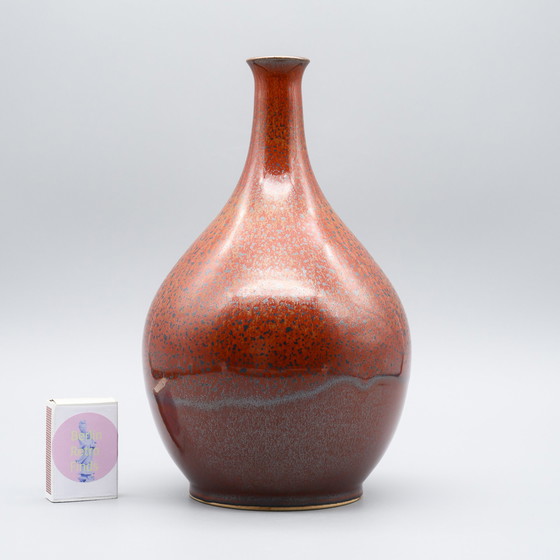 Image 1 of Red Mid Century Modern Studio Ceramic Bottle Vase signed H 24 cm WGP