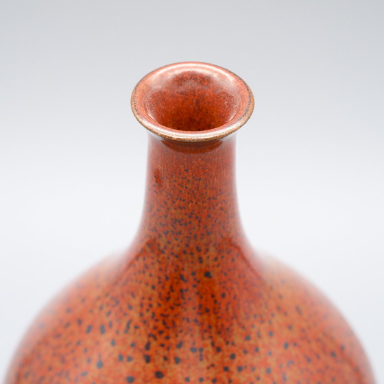 Image 1 of Red Mid Century Modern Studio Ceramic Bottle Vase signed H 24 cm WGP