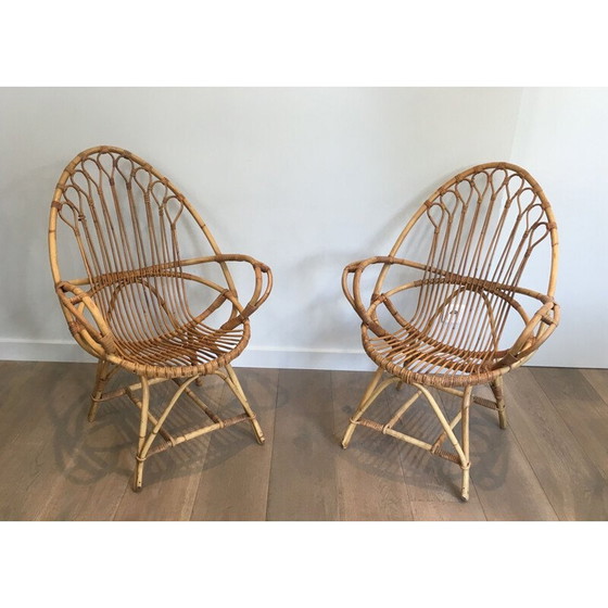 Image 1 of Pair of vintage rattan armchairs, egg shape, 1950