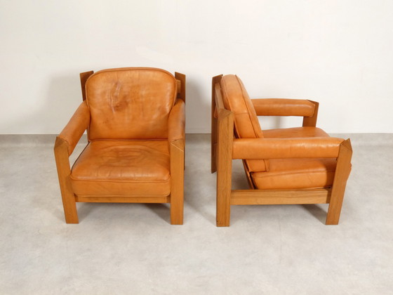 Image 1 of 2 oak armchairs in cognac leather by Skilla