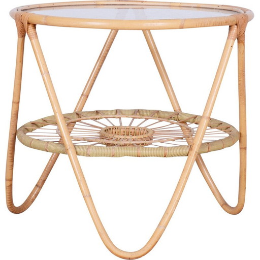 Vintage rattan and glass side table by Alan Fuchs for Uluv, Czechoslovakia 1940