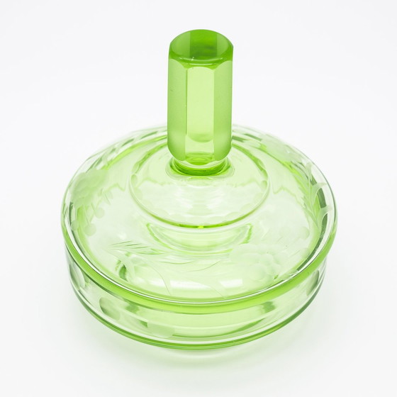 Image 1 of Art Déco Crystal Uranium Glass Decorative Powder Jar Lid-Box Antique Chic Unique