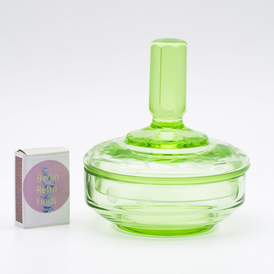 Image 1 of Art Déco Crystal Uranium Glass Decorative Powder Jar Lid-Box Antique Chic Unique