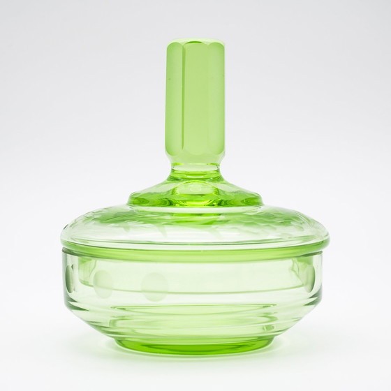 Image 1 of Art Déco Crystal Uranium Glass Decorative Powder Jar Lid-Box Antique Chic Unique