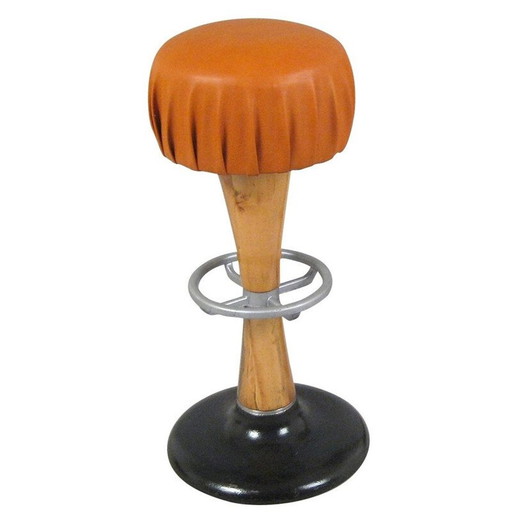 High stool in leather, beechwood, metal and aluminum - 1960s