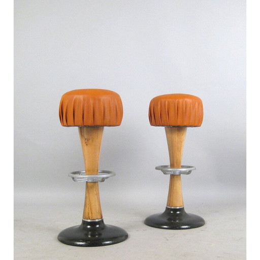 High stool in leather, beechwood, metal and aluminum - 1960s