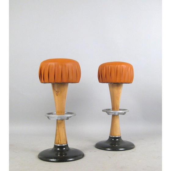 Image 1 of High stool in leather, beechwood, metal and aluminum - 1960s