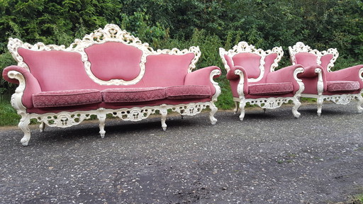 White Baroque Sofa Set With Pink Upholstery