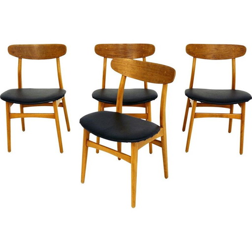 Set of 4 vintage teak and beech chairs, Denmark 1960