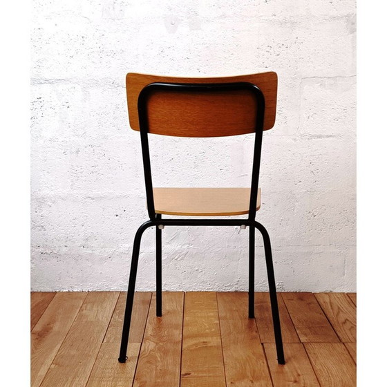 Image 1 of Sedia da scuola vintage in legno e base in metallo nero