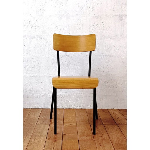 Vintage school chair in wood and black metal base