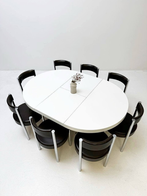 Victoria Furniture Set: Extendable Table And 8 Iconic Chrome & Leather Chairs, 1960s