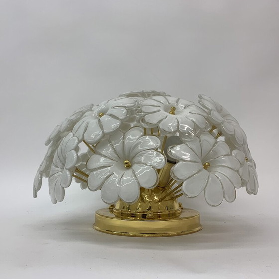 Image 1 of Vintage ceiling lamp with flowers in opaline glass and gold, 1970s