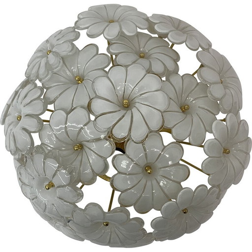 Vintage ceiling lamp with flowers in opaline glass and gold, 1970s