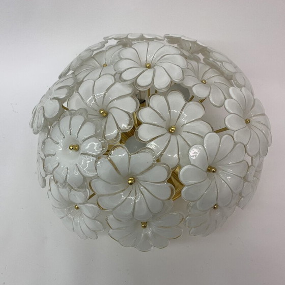 Image 1 of Vintage ceiling lamp with flowers in opaline glass and gold, 1970s
